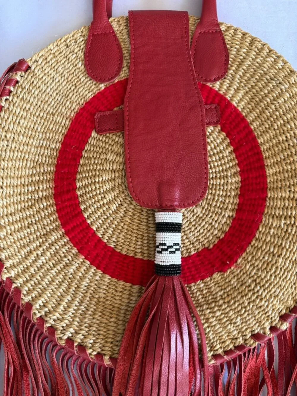 WOVEN SISAL LEATHER FRINGE BAG RED BEADED TASSEL DOUBLE HANDLES ROUND 14